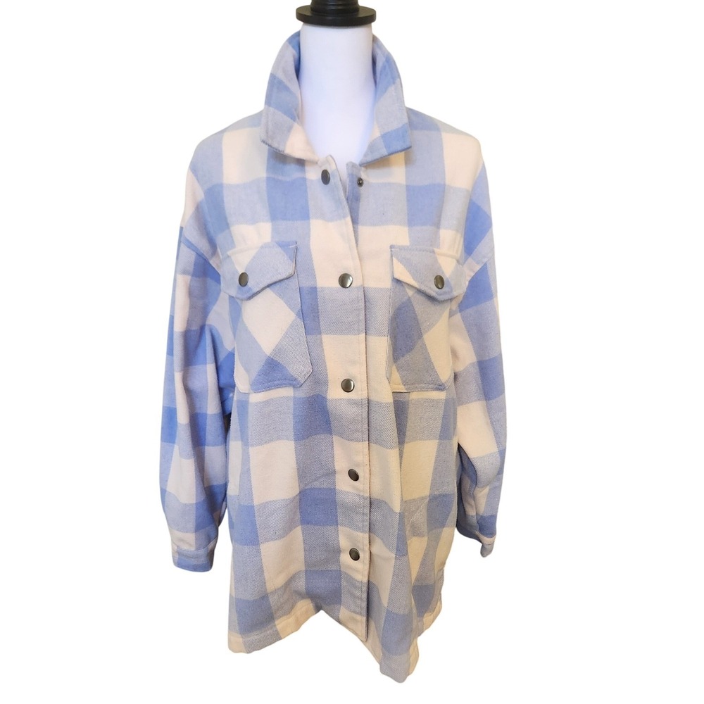 HFX‎ Women's L Plaid Flannel Shirt Jacket Blue White Button Front Long Sleeve